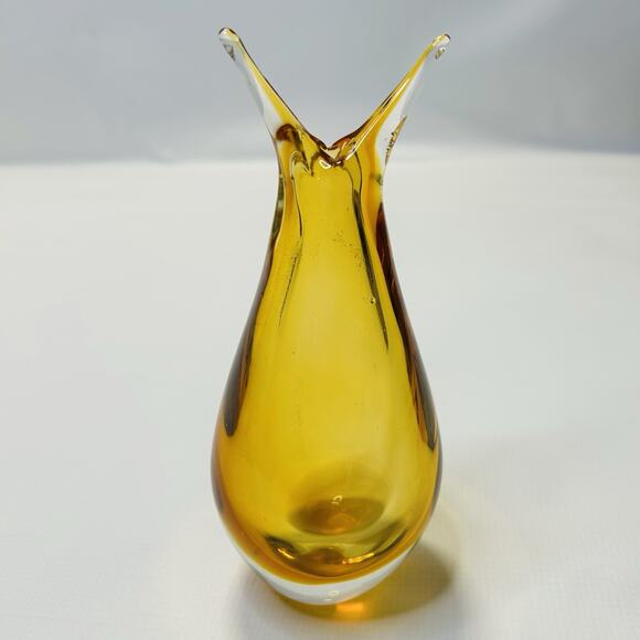 MURANO SOMMERSO AMBER YELLOW ART GLASS FISH TAIL VASE 9” Venice Italy Bubbles - Picture 1 of 8